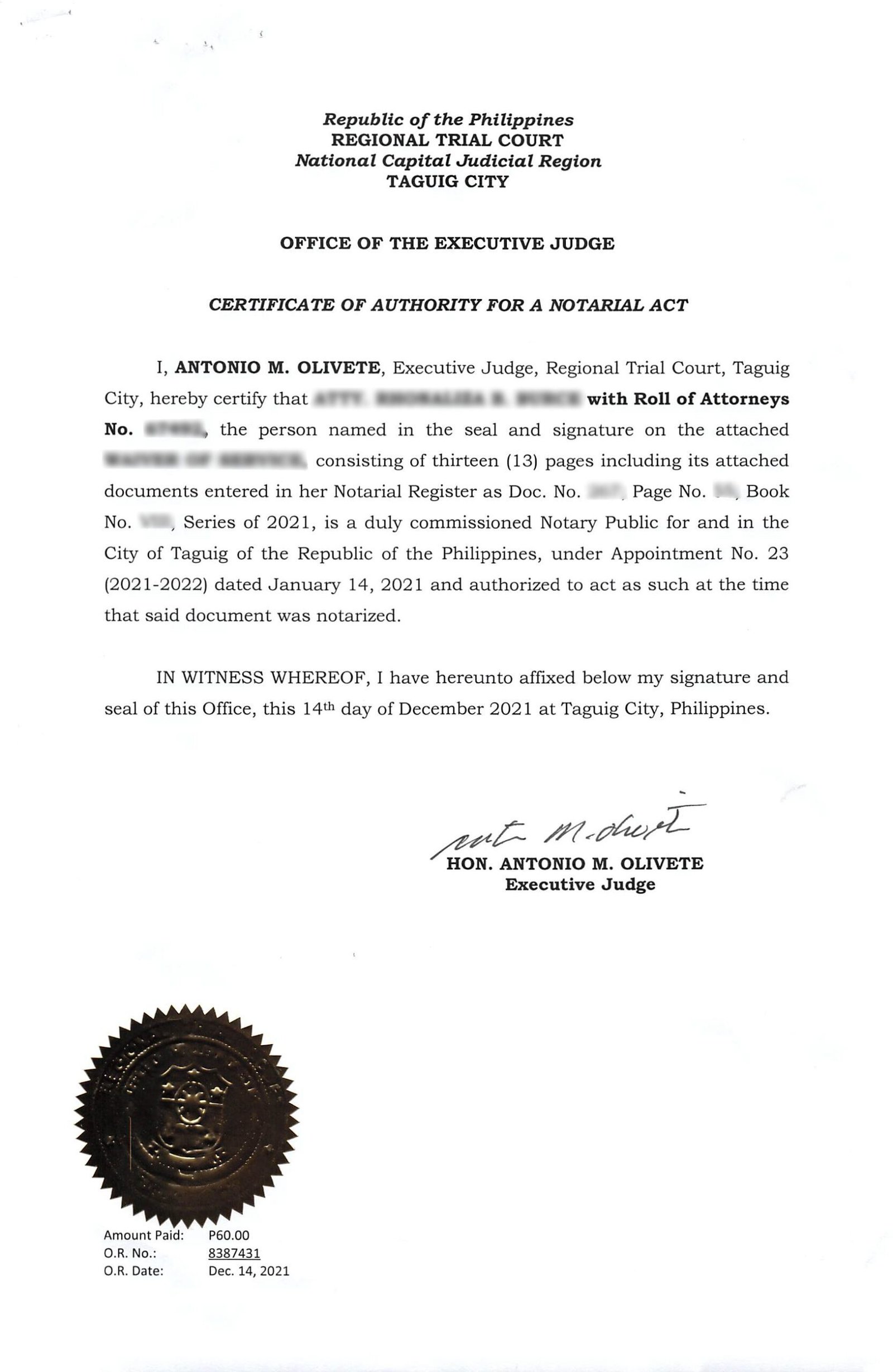 Certificate of Authority for a Notarial Act Processing in the