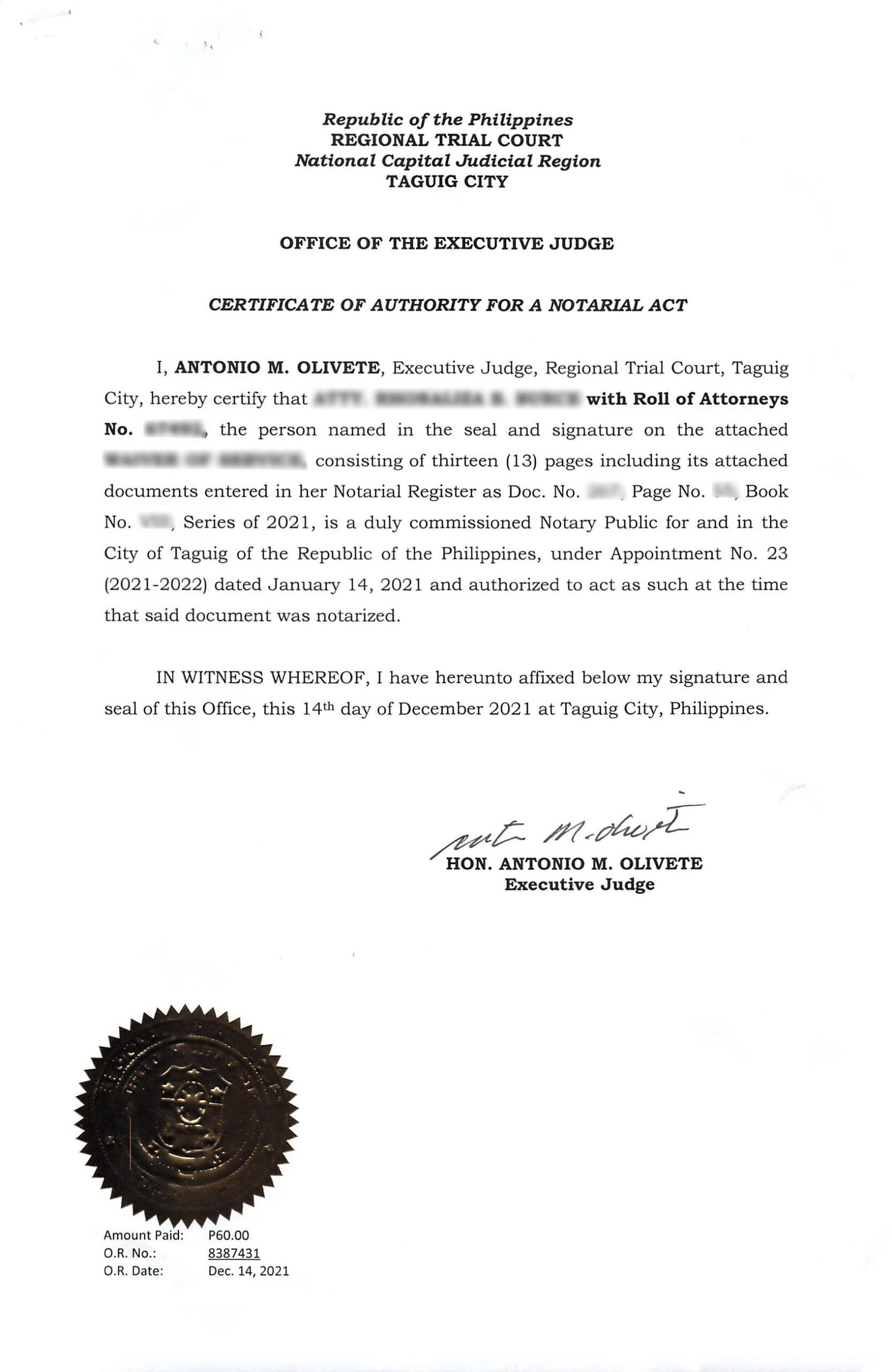 Certificate Of Authority For A Notarial Act Processing In The 